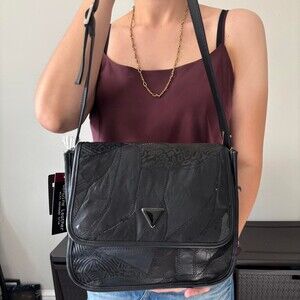 Vintage Grunge Black leather whimsygoth patchwork shoulder suede bag - Size Big